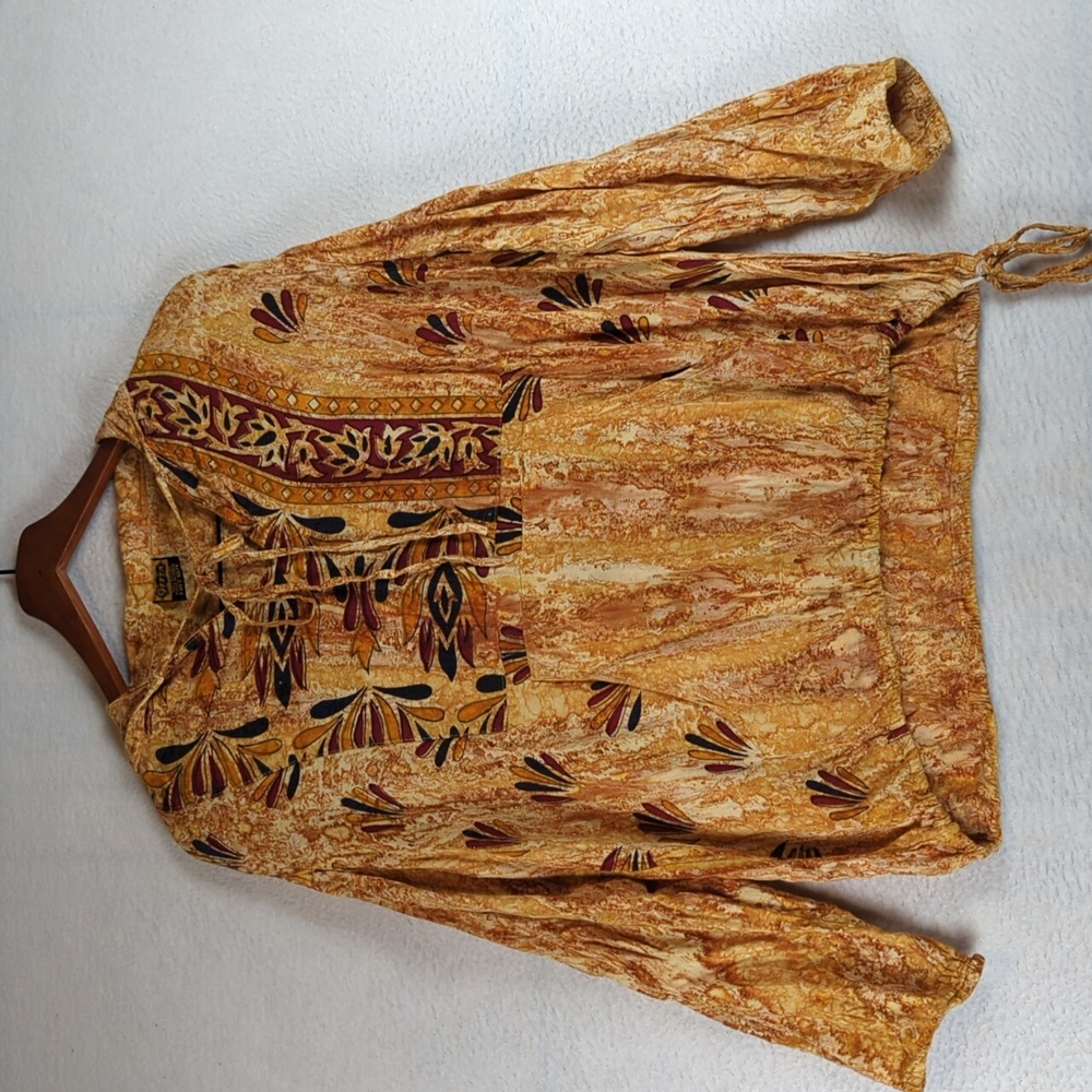 Geeta Womens Boho Indian Hippie Rayon‎ Gold Long Sleeve Shirt Free Size